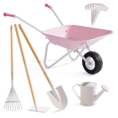 ROBUD Kids Wheelbarrow with Gardening Tools Set-9pcs Metal Toddler Wheelbarrow, Garden Tools, Watering Can, Plant Labels Child Outdoor Toy for Ages 3+, Christmas Birthday Gifts for Boys Girls(Pink)