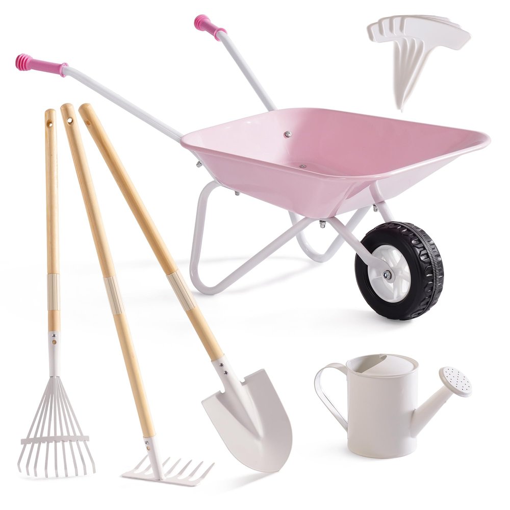 ROBUD Kids Wheelbarrow with Gardening Tools Set-9pcs Metal Toddler Wheelbarrow, Garden Tools, Watering Can, Plant Labels Child Outdoor Toy for Ages 3+, Christmas Birthday Gifts for Boys Girls(Pink)