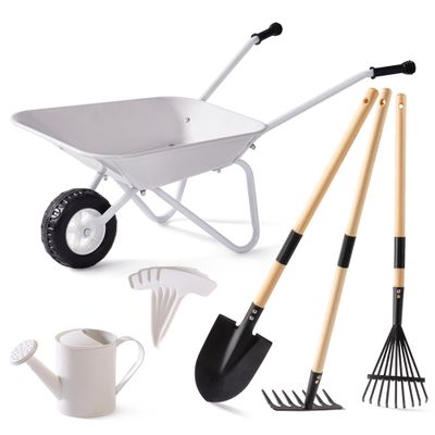ROBUD Kids Gardening Tools Outdoor Toys Set Backyard Play with Kids Wheelbarrow-9pcs Metal Toddler Wheelbarrow, Garden Tools, Watering Can, Plant Labels for Ages 3+ (Grayish White)