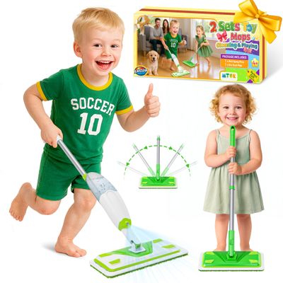 ILAVCLEAN 2-Set Toy Mop for Kids - Toddler Real Spray Flat Floor Mop Montessori Cleaning Toy Set, Educational and Fun Gifts for Boys and Girls Ages 4+