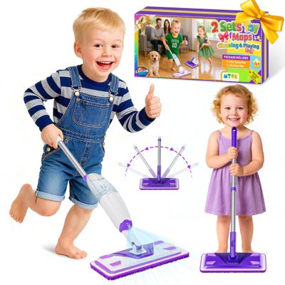 ILAVCLEAN 2 Set Toy Mop for Kids - Toddler Real Spray Flat Floor Mop Montessori Cleaning Toy Set, Educational and Fun Gifts for Boys and Girls Ages 4+