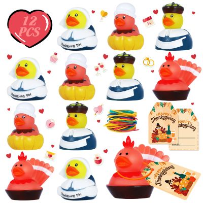 12 PCS Thanksgiving Rubber Ducks Bulk Set with 12 Thank You Cards & Bands, Fall Rubber Ducks, Multi-Use Bath Toys and Party Favors for Kids, Ideal for Children