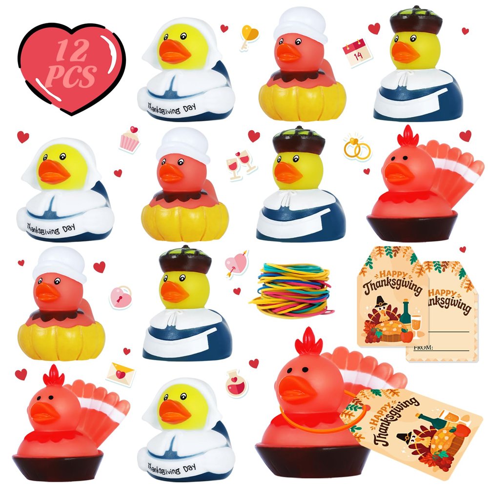 12 PCS Thanksgiving Rubber Ducks Bulk Set with 12 Thank You Cards & Bands, Fall Rubber Ducks, Multi-Use Bath Toys and Party Favors for Kids, Ideal for Children