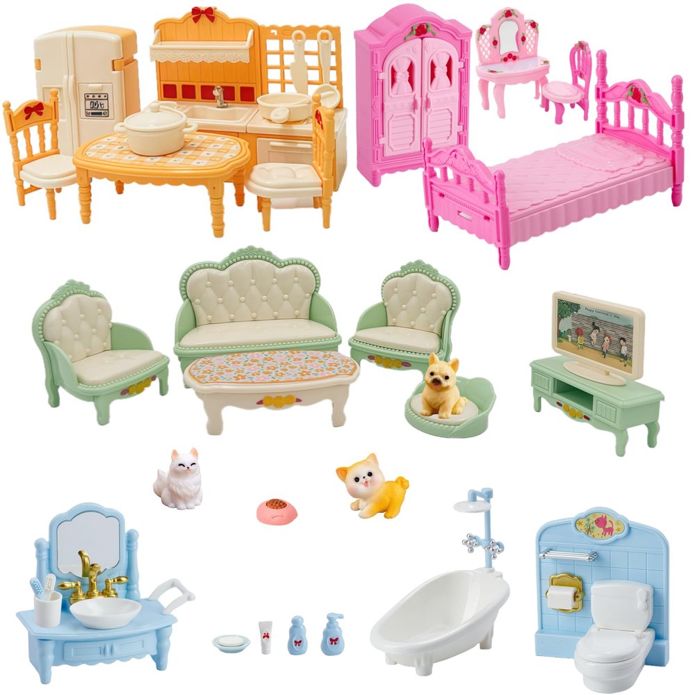36Pcs Dollhouse Furniture Set,Miniature 1:12 Scale Dolls House Accessories with Cat,Dog,Kitchen, Dining Room, Living Room,Bedroom for Playhouse Toy(Multi-Color)