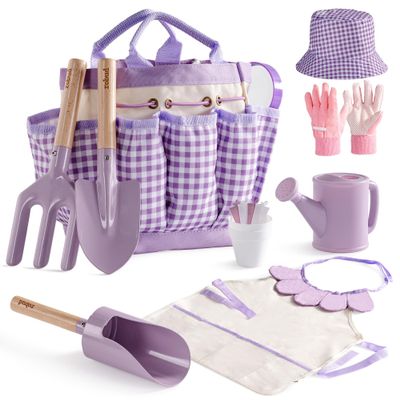 ROBUD Kid Gardening Set, Purple Wooden Garden Tool for Kid, Garden Tool Kit with Tool Storage Bag, Apron, Gloves, Montessori Toys for Kids to be Closed to Nature, WRP52