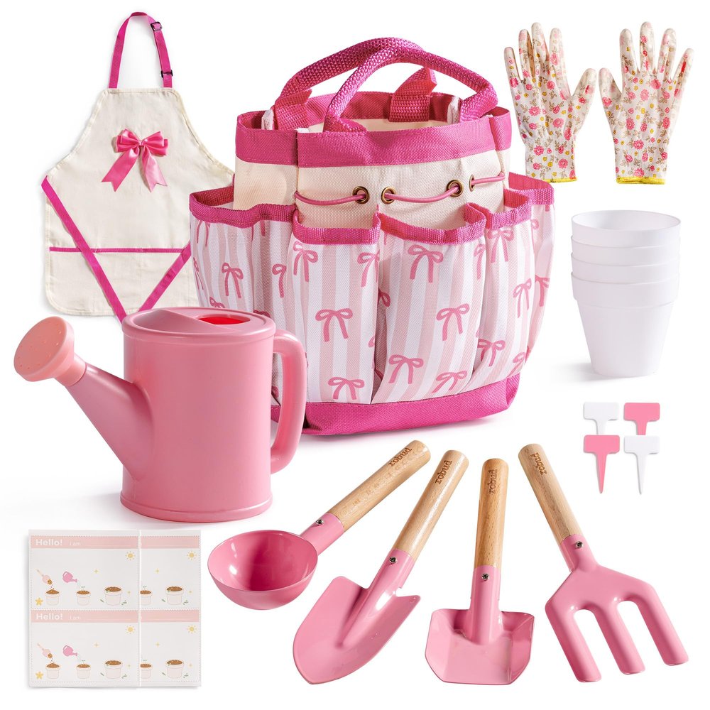 ROBUD Kids Gardening Set 18 PCS Bow Theme Garden Tools for Kids with Storage Bag, Apron, Waterproof Gloves, and Planting Cards Educational Outdoor STEM Gardening Toy Gift for Girls and Toddlers