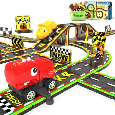 32 PCS Magnetic Tiles Dinosaur Racing Car Set, Magnetic Building Blocks for Boys & Girls Magnetic Tiles Construction Toys for Kids Ages 3+