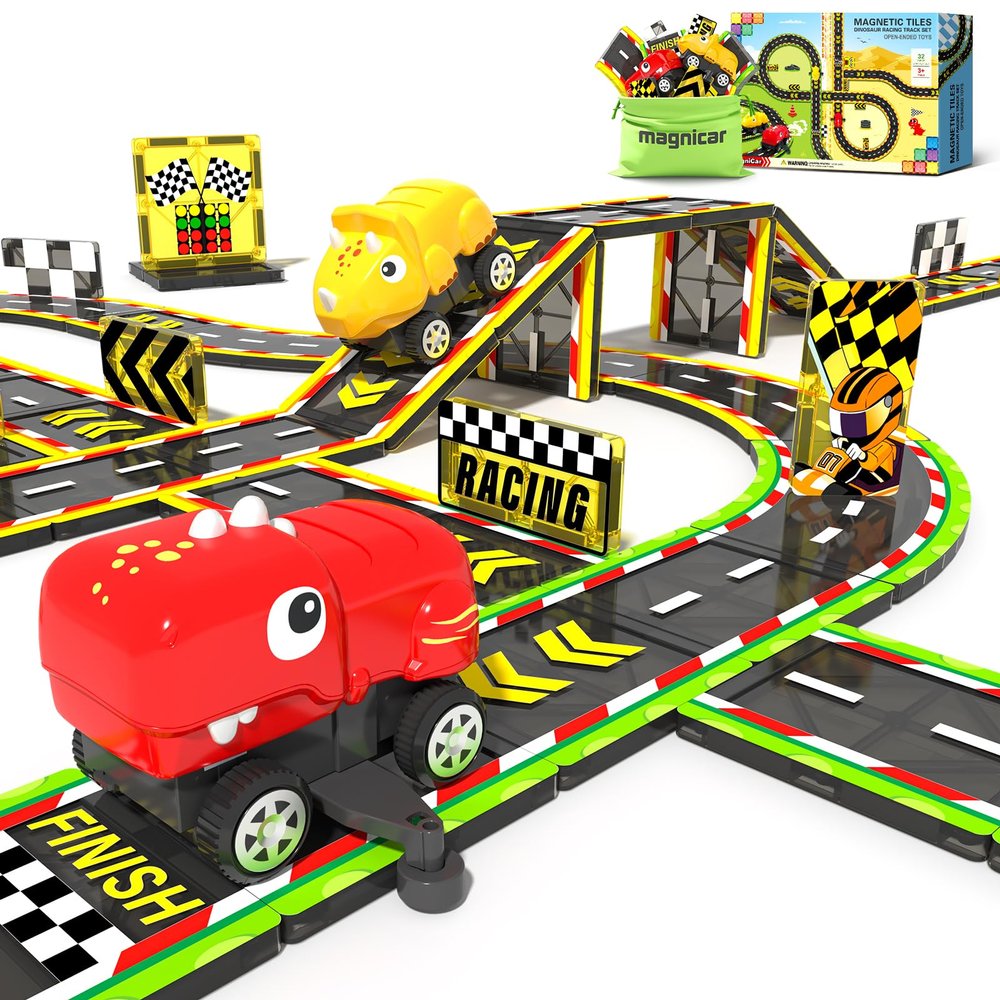 32 PCS Magnetic Tiles Dinosaur Racing Car Set, Magnetic Building Blocks for Boys & Girls Magnetic Tiles Construction Toys for Kids Ages 3+