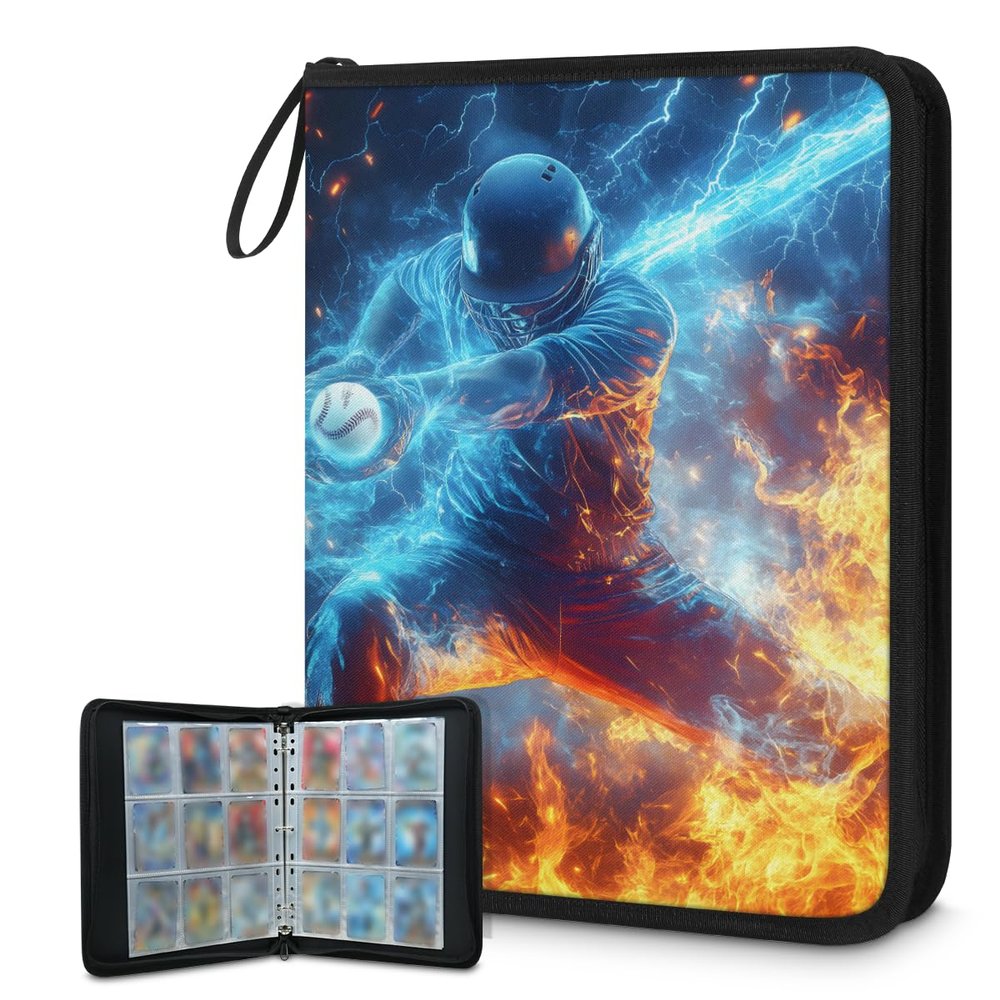 Cmizedevise Cool Fire Baseball 9 Pocket Trading Card Binder, Sports Ball Card Binder Holder Fits 900 Cards With 50 Sleeves, Portable Collection Card Ablum for TCG, Sports Cards