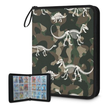 Cmizedevise Green Camouflage 9 Pocket Trading Card Binder, Skeleton Dinosaur Card Binder Holder Fits 900 Cards With 50 Sleeves, Portable Collection Card Ablum for TCG, Sports Cards