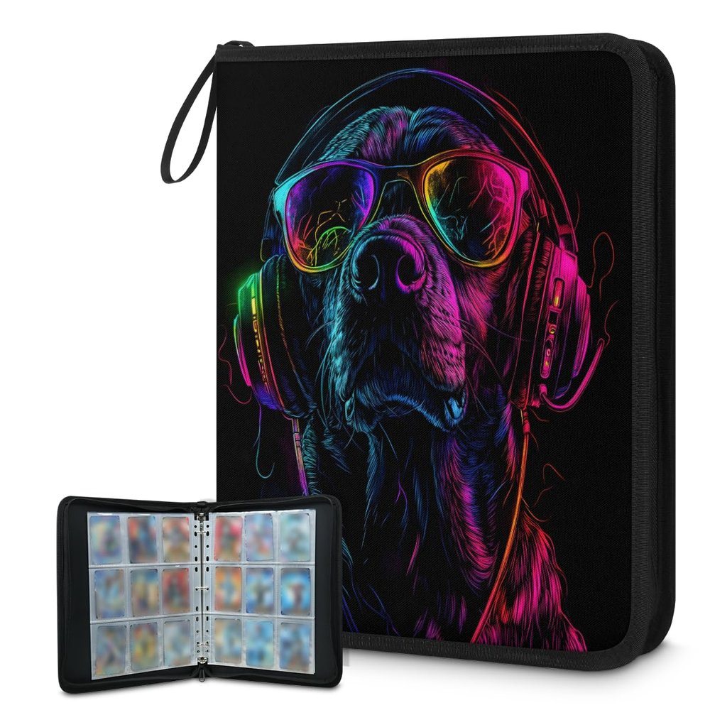 Cmizedevise Cool Dog 9 Pocket Trading Card Binder, Colorful Headphones Card Binder Holder Fits 900 Cards With 50 Sleeves, Portable Collection Card Ablum for TCG, Sports Cards