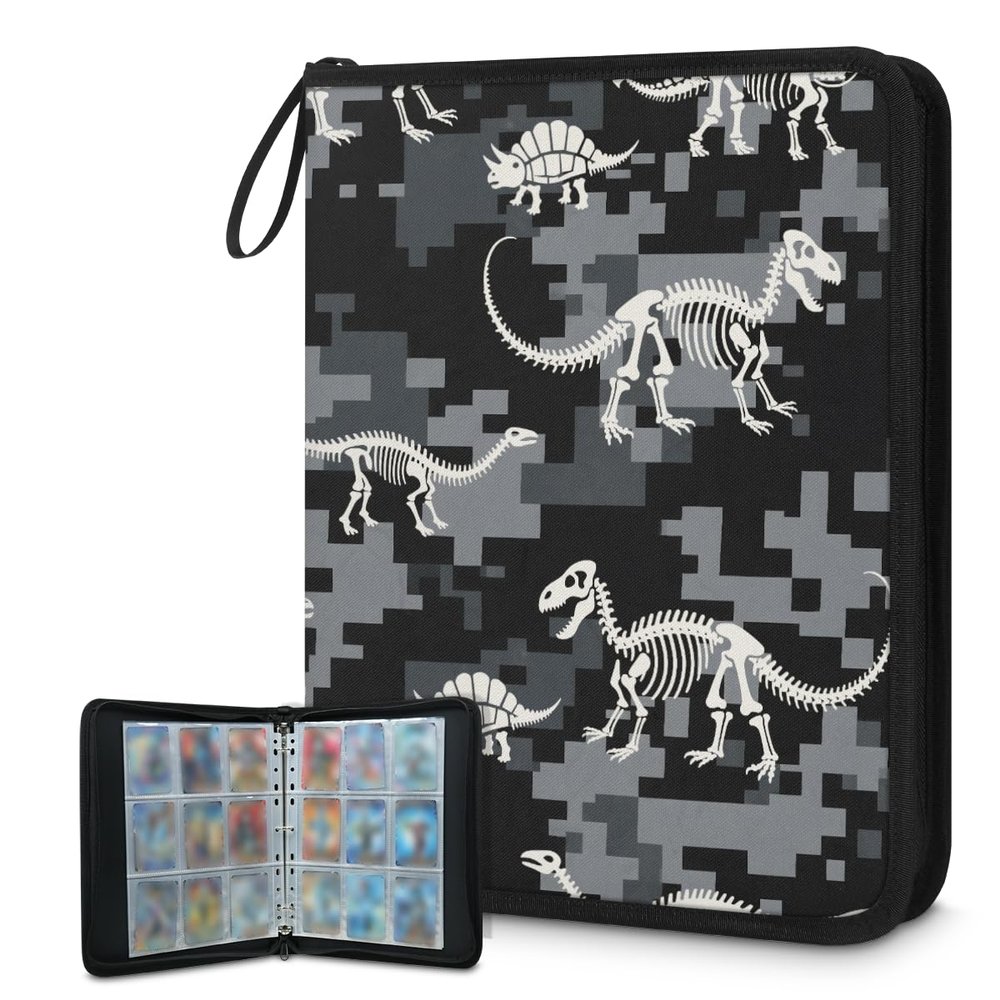 Cmizedevise Skull Skeleton Dinosaur 9 Pocket Trading Card Binder, Camouflage Card Binder Holder Fits 900 Cards With 50 Sleeves, Portable Collection Card Ablum for TCG, Sports Cards