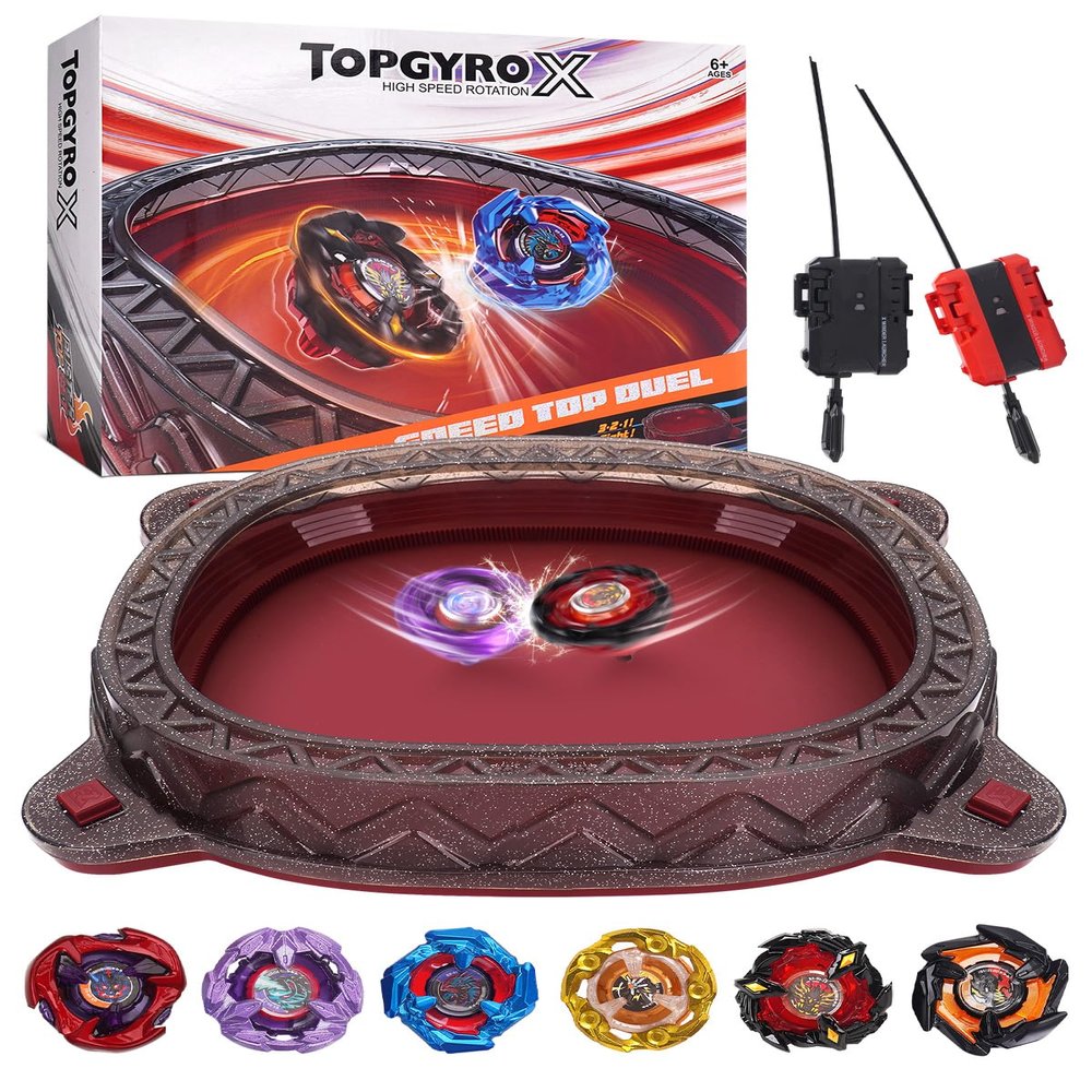 BGOVTAPO X Stadium Starter Kit - with 6 X Tops, 2 Launchers & Arena for Battle, Ultimate Competitive Spin Top Battle Set, Gift for Kids, Boys, Girls Ages 6+