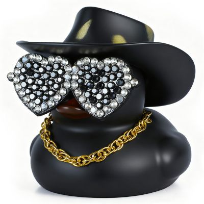 Jyeennar Black Cowboy Rubber Duck with Hat, Heart-Shaped Sunglasses, Necklace, Dashboard Decoration Small Duckies for for Bath Toy, Office & Home Accessories