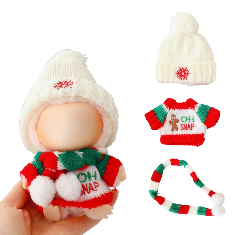 Christmas Clothes for Lu bubu 17cm Dolls(No Doll) Accessories,, Stylish Kawaii Festive Christmas Sweater Scarf Outfit Set 3 Pieces Suitable for 17cm Doll , Xmas Doll Clothing Set Replacement