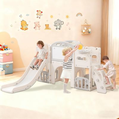 11 in 1 Toddler Playset with Slide Playground for Toddlers 1-3 Years Telescope and Slide Set Climber Basketball Hoop Tunnel Crawl Toys for Home Indoor Outdoor Playground Ring-toss Storage Space White