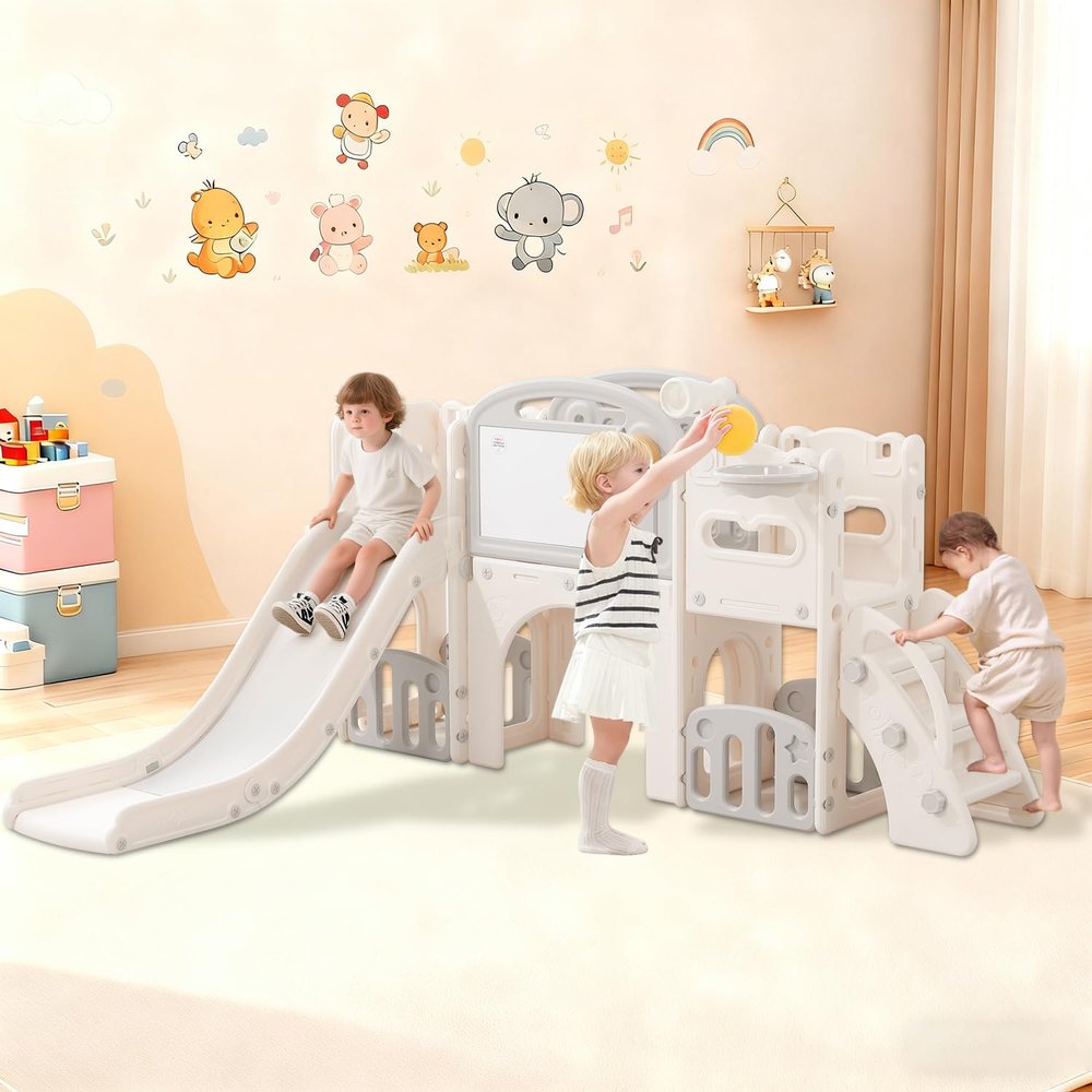 11 in 1 Toddler Playset with Slide Playground for Toddlers 1-3 Years Telescope and Slide Set Climber Basketball Hoop Tunnel Crawl Toys for Home Indoor Outdoor Playground Ring-toss Storage Space White