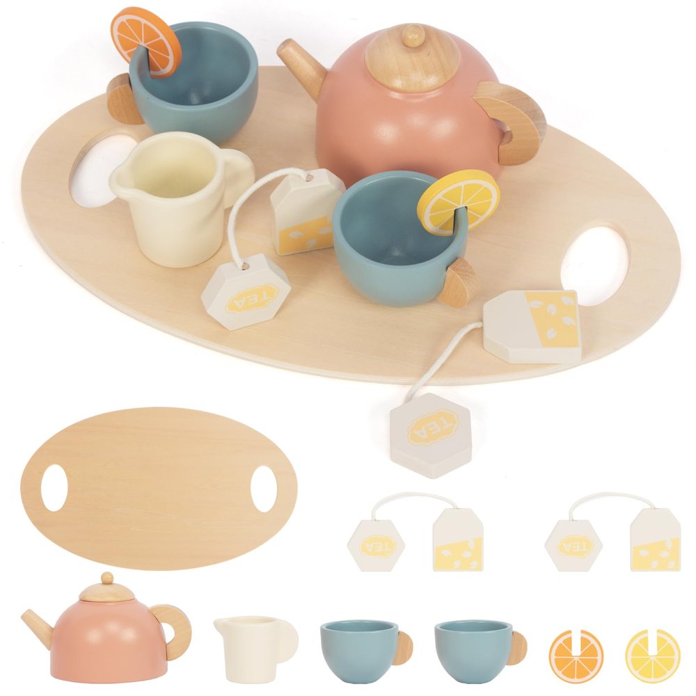 Wooden Tea Sets for Toddlers 3-5, Girl Chrismas Birthday Gift 3 Year Old Princess Party, Wooden Play Food Toy Sets for Kids Kitchen Accessories