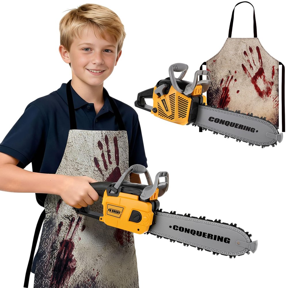 Arrowbash Kids Safe Toy Electric Chainsaw Prop and Aprons Set Costume & Role Play Motion Sound & Light Effects Easy Grip Handle Pretend Set Birthday Gift