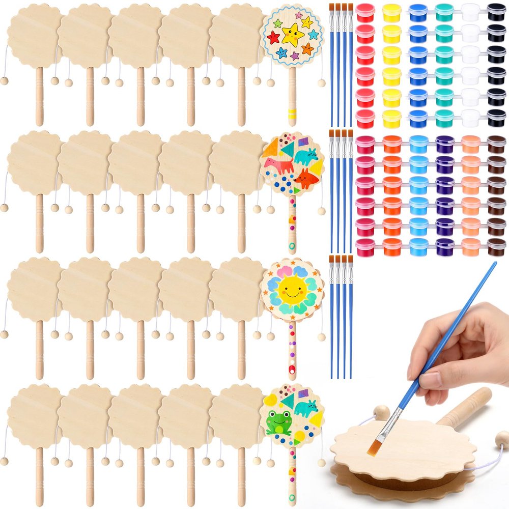 Arrowbash 24 Pcs DIY Rattle Set, Unfinished Blank Wooden Rattle, 6.3 x 3.35 Inch Hand Drum Craft Kit Suitable for Art Painting Education, Social Emotional and Sensitivity
