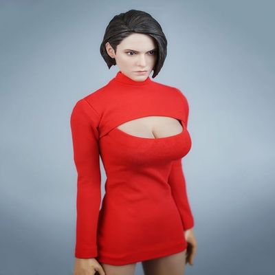 1/12 Scale Female Clothes, Open Chest Long Sleeves Shirt for 6-inches Female Action Figure Body Doll, 1/12 Stretchy Tight-Fitting Short Bodycon Dress Costume (red)