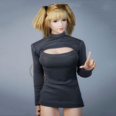 1/12 Scale Female Clothes, Open Chest Long Sleeves Shirt for 6-inches Female Action Figure Body Doll, 1/12 Stretchy Tight-Fitting Short Bodycon Dress Costume (Grey)
