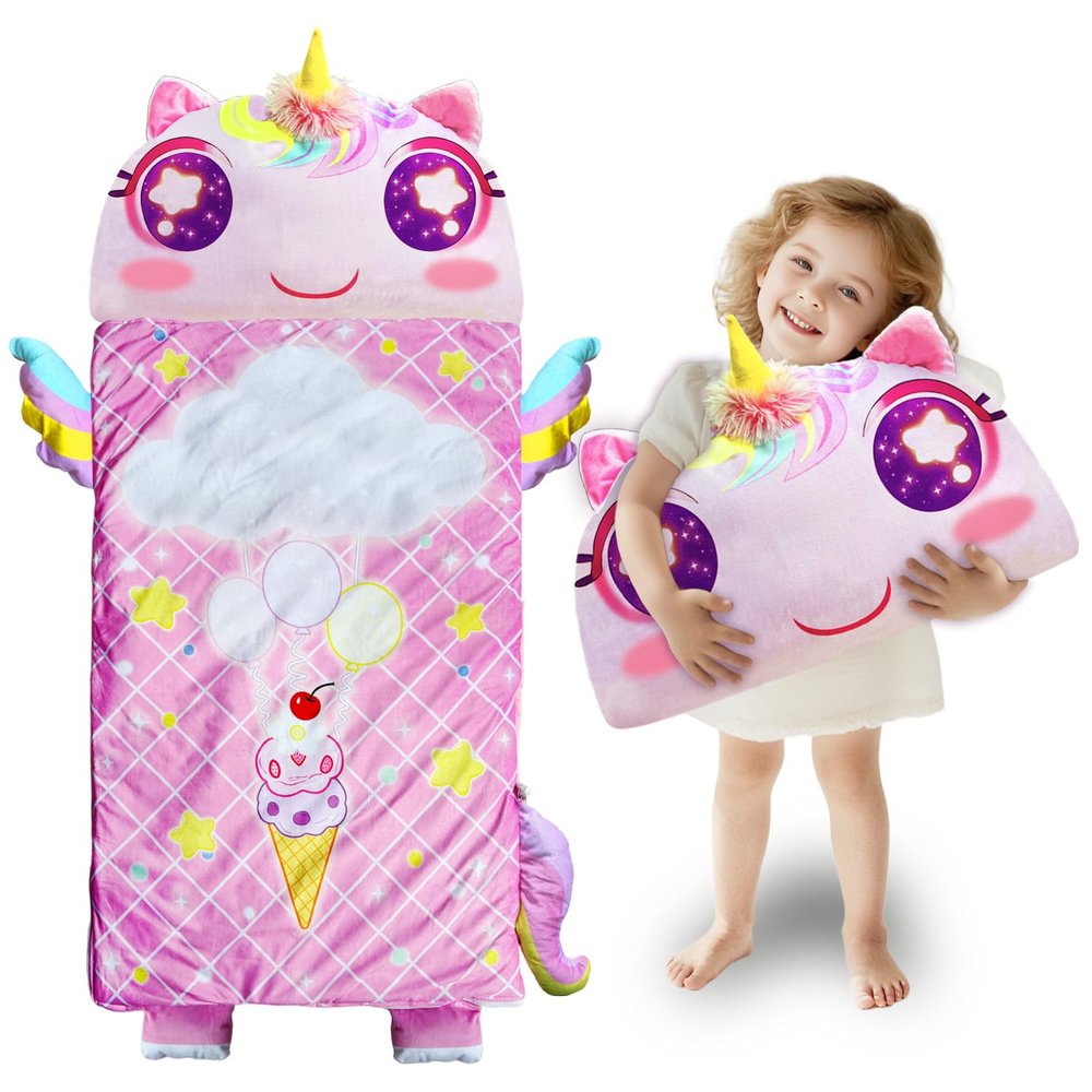 Unicorn Sleeping Bag for Kids Ages 3-6, Plush Nap Mat with Pillow & Blanket, Slumber Bag for Preschool Daycare Kindergarten, Boys Girls Birthday Gift
