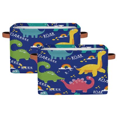 Aglebo Cute Dino Blue Storage Basket Foldable Storage Bins Fabric Organizer Basket with Handles Rectangle Closet Basket for Shelves Laundry Nursery Bedroom Basket, 15 x 11 x 9.5 in 2 Pack