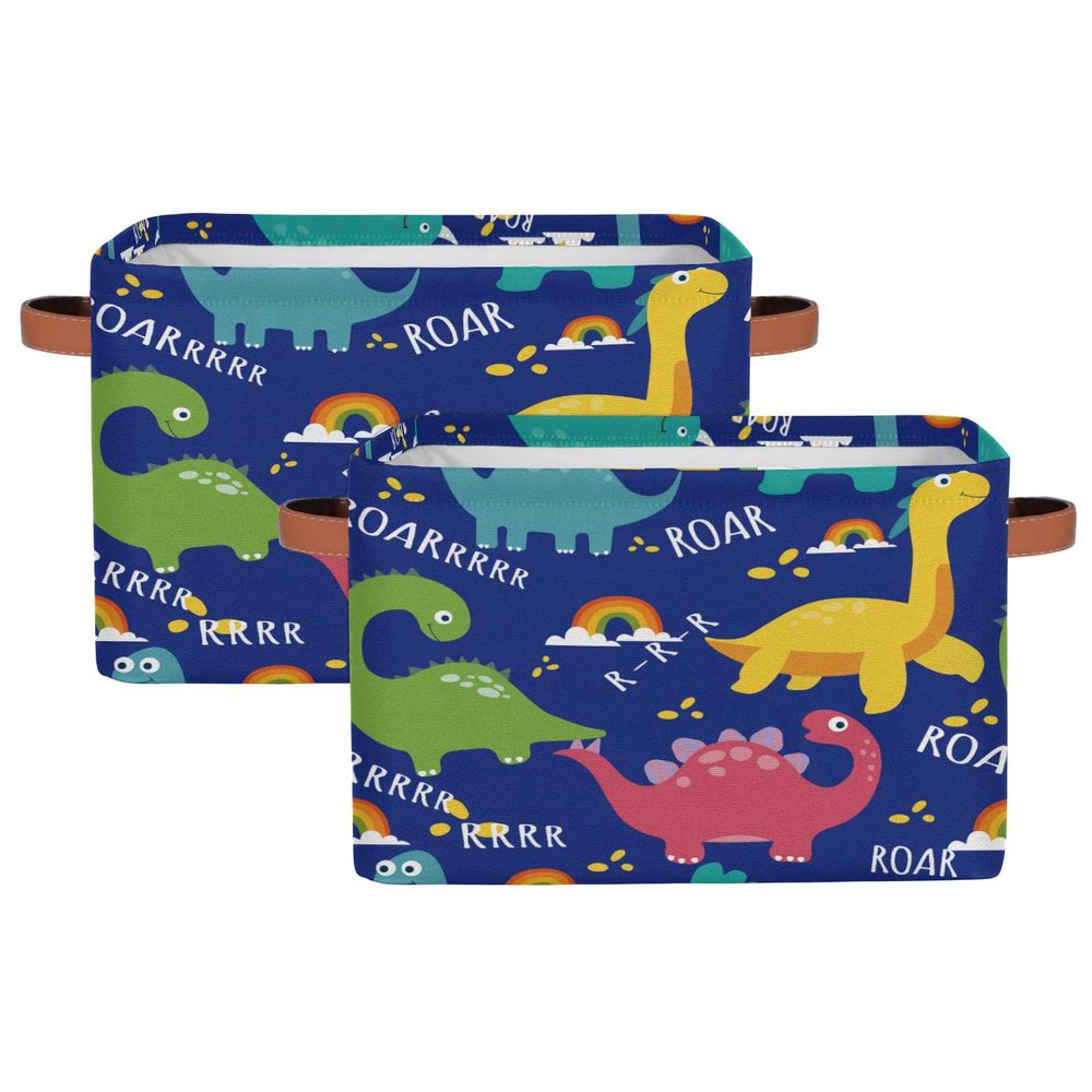 Aglebo Cute Dino Blue Storage Basket Foldable Storage Bins Fabric Organizer Basket with Handles Rectangle Closet Basket for Shelves Laundry Nursery Bedroom Basket, 15 x 11 x 9.5 in 2 Pack