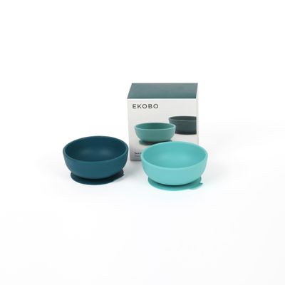 EKOBO Silicone Suction Bowls for Baby Set, 2 Toddler Bowls (Blue AByss & Lagoon), 10oz High-Rim Baby Bowl with Suction Base, Microwave, Oven, Freezer Safe Reusable, Safe Baby Feeding Bowl BPA free
