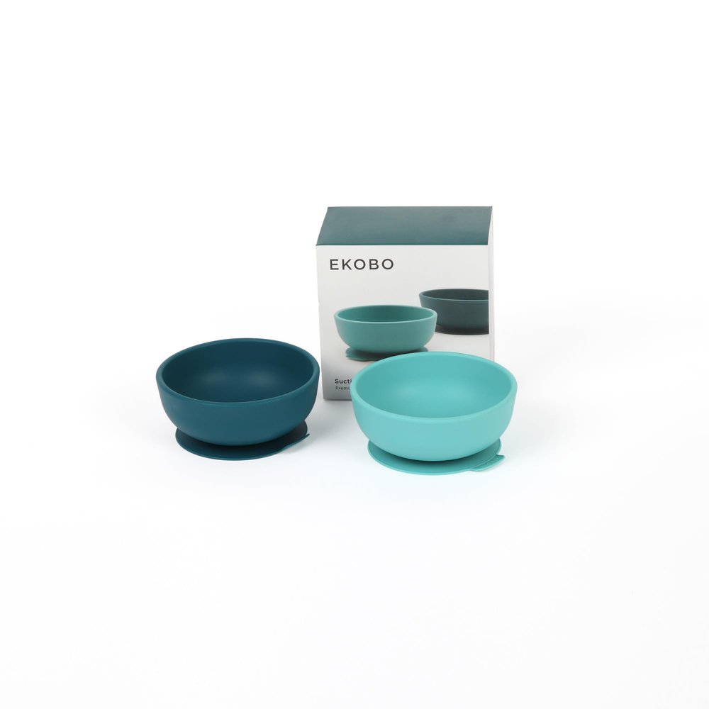 EKOBO Silicone Suction Bowls for Baby Set, 2 Toddler Bowls (Blue AByss & Lagoon), 10oz High-Rim Baby Bowl with Suction Base, Microwave, Oven, Freezer Safe Reusable, Safe Baby Feeding Bowl BPA free