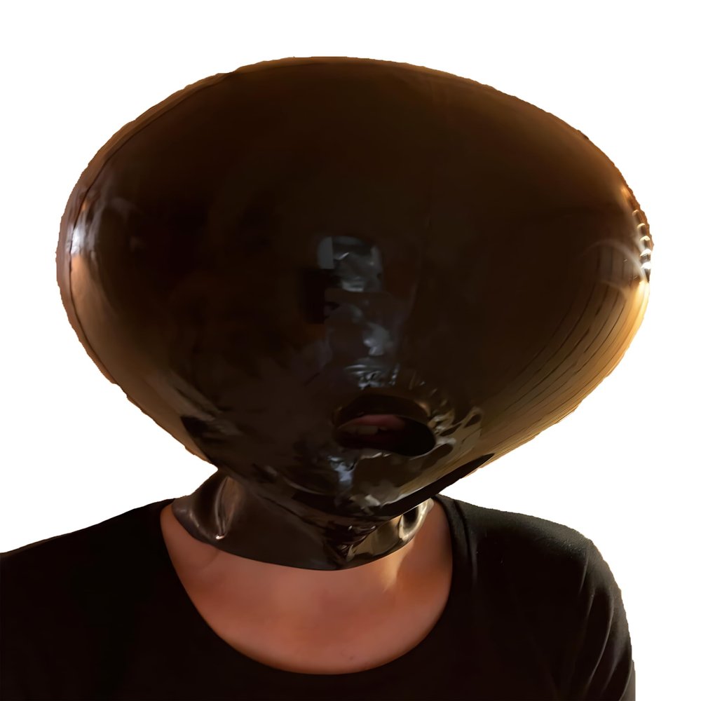 Black Latex Rubber Inflatable Unisex Double Layer Ball Mask Hood With Mouth Tube Cosplay (XL)