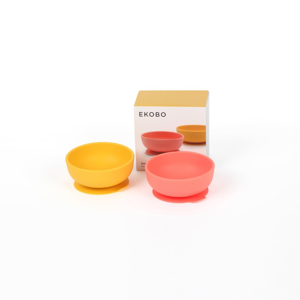 EKOBO Silicone Suction Bowls for Baby Set, 2 Toddler Bowls (Coral & Mimosa), 10oz High-Rim Baby Bowl with Suction Base, Microwave, Oven, Freezer Safe Reusable, Safe Baby Feeding Bowl BPA free