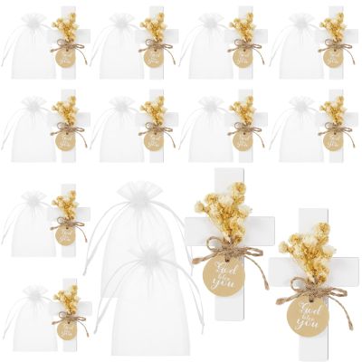 12 Pcs Wooden Crosses Featuring Strong Adhesive and Floral Artistry with Baptism Favor Bags, Ideal Gift for Religious Ceremonies, Anniversaries, and Baptisms, God Bless You Tag, Rustic Touch