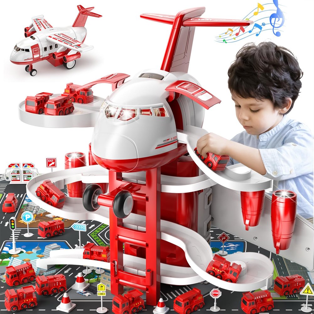 DULONIME Airplane Toys for Toddlers 3-5 - Car Race Tracks for Kids Ages 4-8 with 8 Small Race Cars Toys, Vehicle Toys Trucks, Educational Playset for Kids Boys 3-5, Birthday Gifts for Boys Girls 4-7