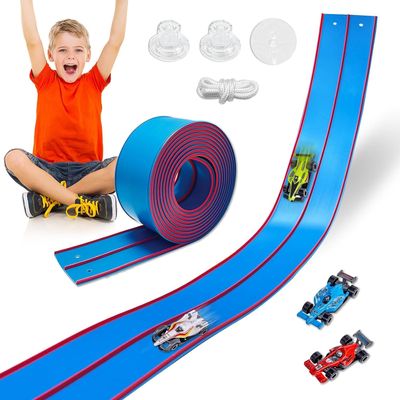 15 FT Flexible Race Track for Kids  DIY Flex Car Track Set with 2 Mini Diecast Cars with Suction Cups, Bendable & Roll-Up Racetrack for Indoor Play (Blue)