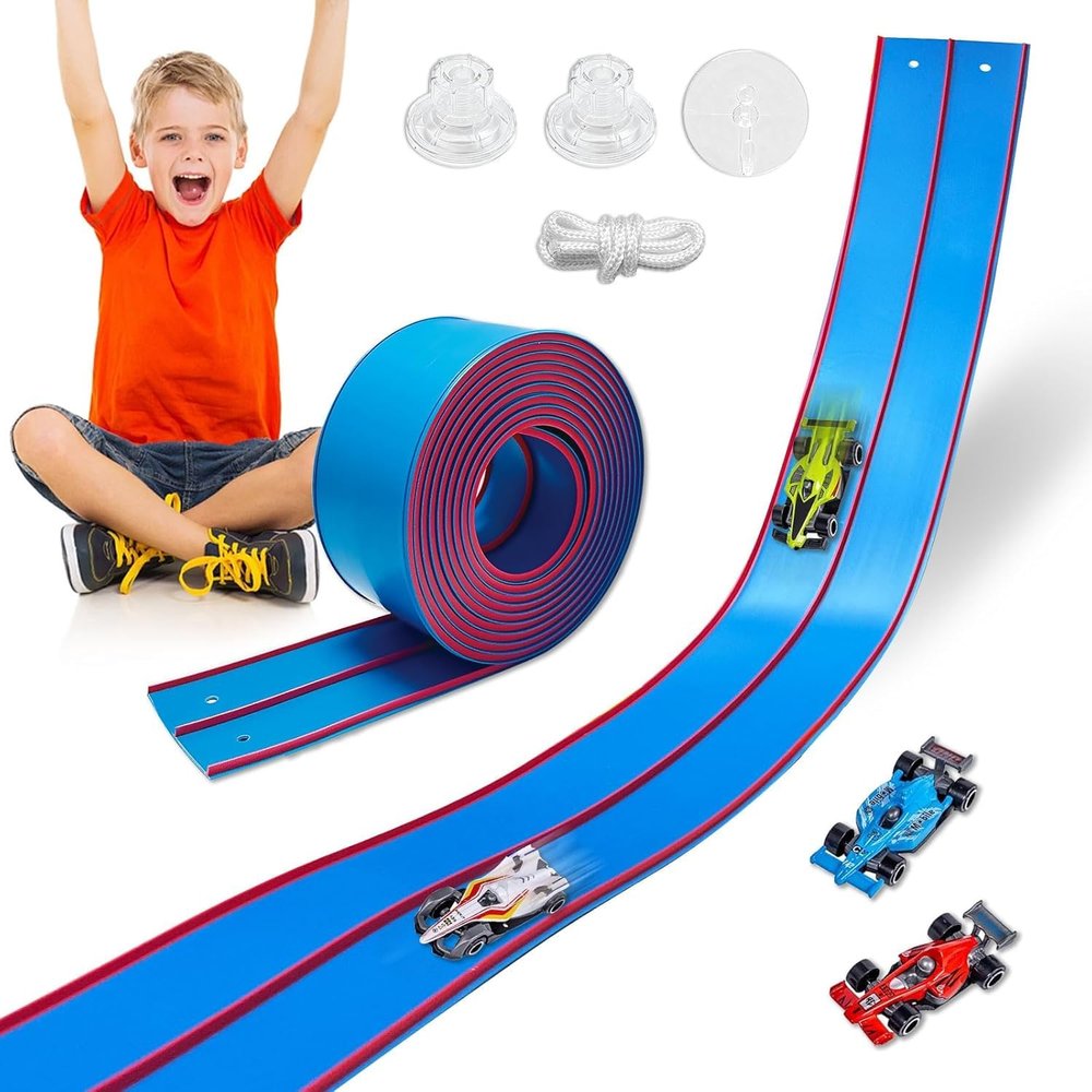 15 FT Flexible Race Track for Kids  DIY Flex Car Track Set with 2 Mini Diecast Cars with Suction Cups, Bendable & Roll-Up Racetrack for Indoor Play (Blue)