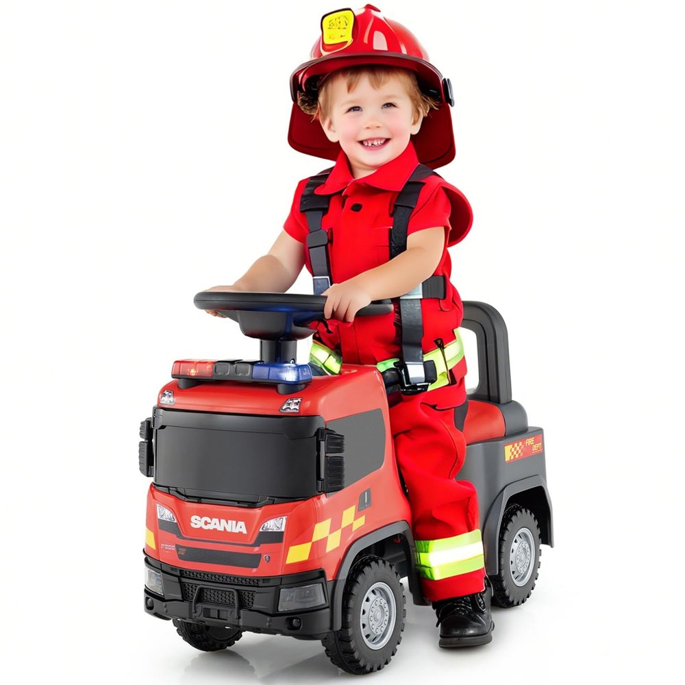 Licensed Scania Ride on Push Car by INFANS with 3 Sound Effects, Storage, Toddler Sliding Fire Fighting Truck, Red
