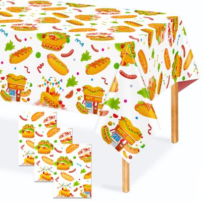 SOXLJSFAC Hot Dog Party Tablecloth, Hot Dog Party Decoration, 3PCS Fast Food Birthday Table Covers, Tablecloths for Fast Food Party