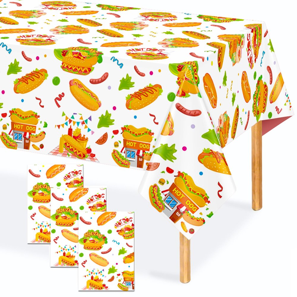 SOXLJSFAC Hot Dog Party Tablecloth, Hot Dog Party Decoration, 3PCS Fast Food Birthday Table Covers, Tablecloths for Fast Food Party
