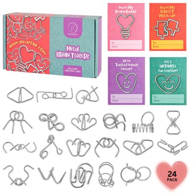 24 Pack Valentine Metal Brain Teaser Puzzles for Kids Classroom Exchange Gifts with 24 Greeting Cards, White Bags & Instruction Cards, Fun Friendship Game Favors for Boys & Girls Ages 49