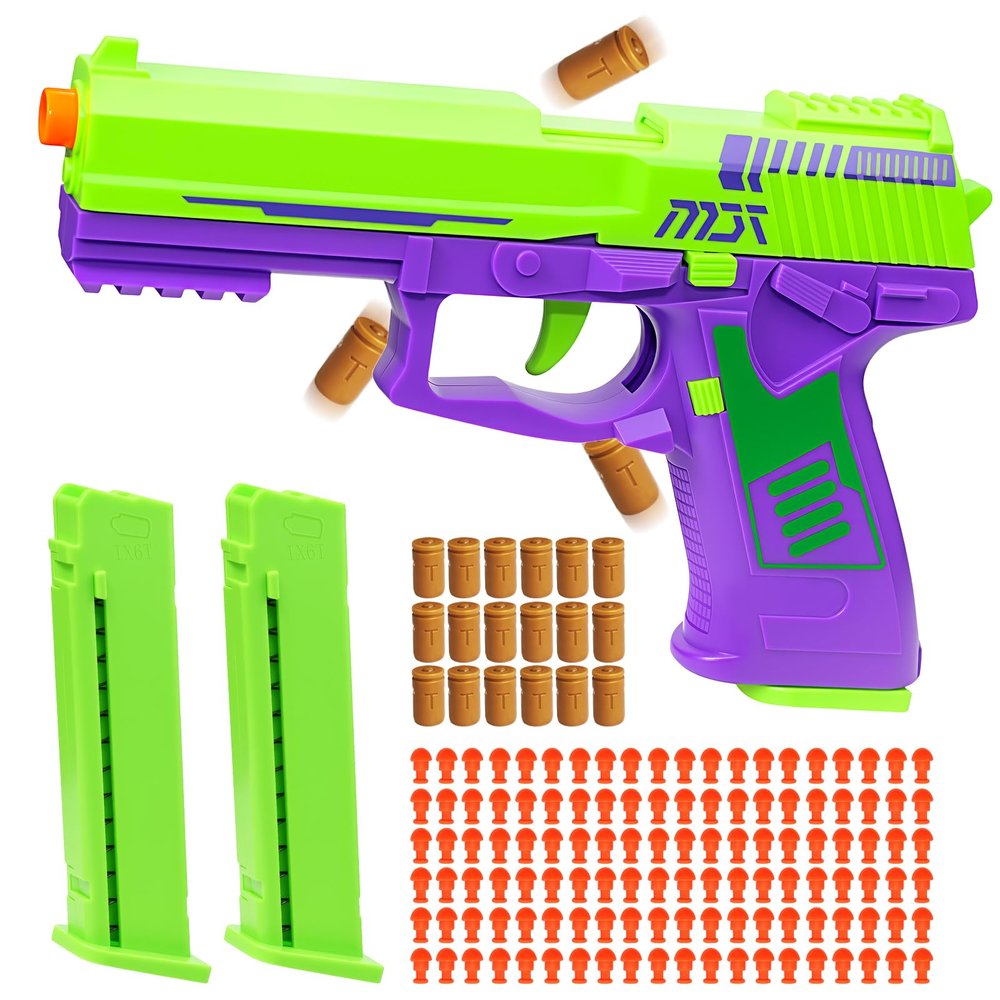 Tcxomino Automatic Shell Ejecting Toy Gun for Age 13+ Years, Fidget & Shooting Game, Realistic Toy Pistol with 120 Soft Bullets, 18 Shells & 2 Magazines, Ideal Gift for Halloween Christmas(Purple)