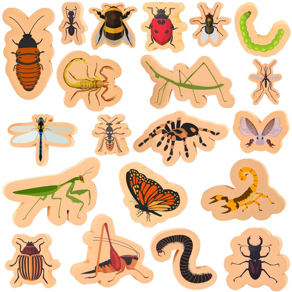MTWENWENZY 20 PCS Wood Bugs and Insect Block Toys for Kids Wooden Minibeast Blocks Natural Classroom Science Learning Toy Boys and Girls Educational Preschool Learning