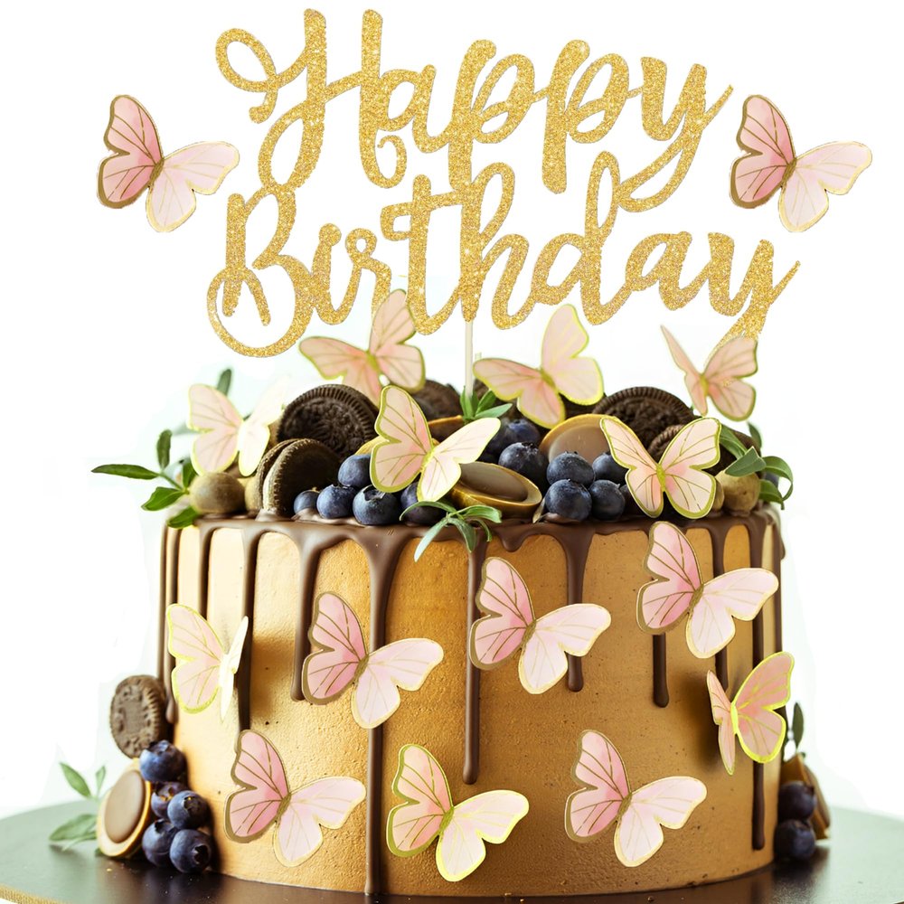 12 Pcs 1 Happy Birthday Cake Toppers With 11 Pcs Pink And Gold Butterfly, 1st First Happy Birthday cake Topper,