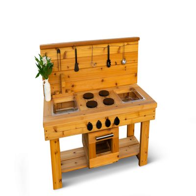 Noble Toys XL Cedar Outdoor Mud Kitchen Centered with Backsplash, Wood Faucet and Oven for Toddlers Kids | Pretend Play Table | Sensory Table | Outside Playset | Real Wooden Kitchens | Preschool