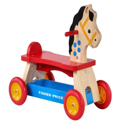 Fisher-Price Retro Wooden Pony Ride-On Toy for Toddlers, Real Wood Ride-On by Dynacraft with Under-Seat Storage, Indoor Floor-Friendly Wheels, Classic Vintage Style for Ages 1.53 Years, 1-Count
