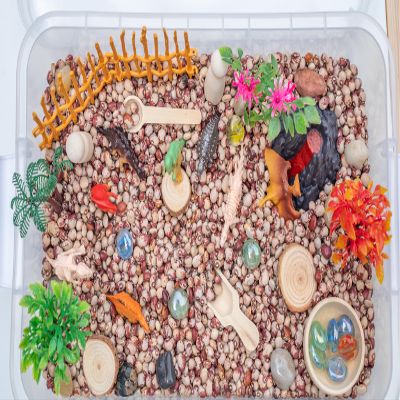 Dinosaur Sensory Bin Kit for Kids Taste-Safe Pinto Beans, Fossil Skeletons, Trees, Volcano & Durable Wooden Tools Includes Storage Bin