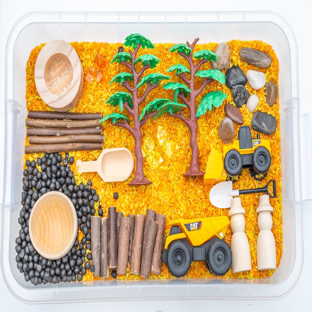 Construction Sensory Bin Kit for Kids Taste-Safe Rice, Realistic Rocks & Logs, Durable Wooden Tools & Vehicles Includes Storage Bin Montessori-Inspired Sensory Play