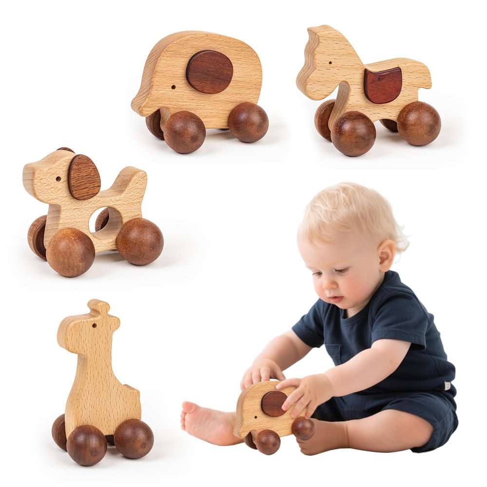 DadCarved Wooden Animal Push Car Set, 4PCS Solid Hardwood Toy Vehicles for Toddlers & Kids 3+ | Natural Wood Animal Cars (Puppy, Elephant, Pony, Giraffe) | No Paint, Hand-Sanded, Gift-Ready