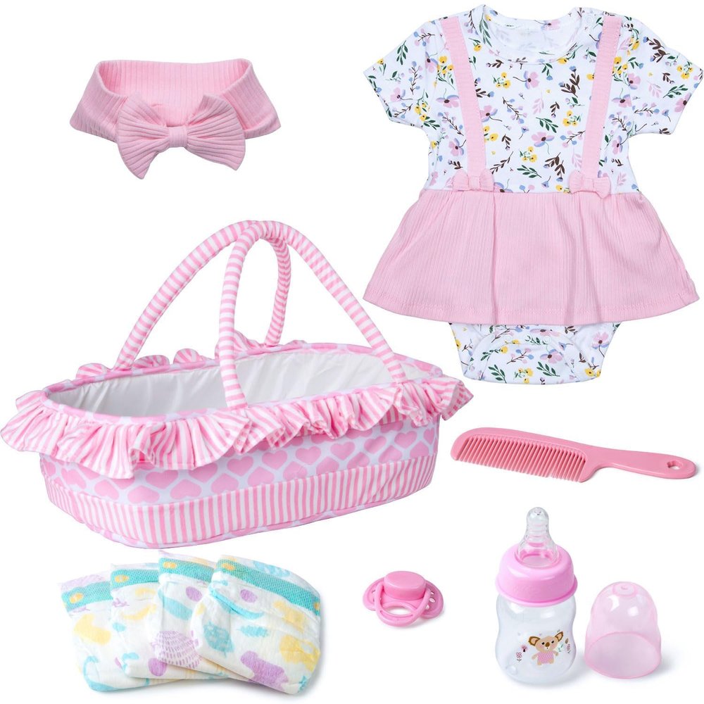 10 Pcs Reborn Baby Dolls Clothes Girl Pink Outfit Accessories with Bassinet for 17-22 Inch Babydolls